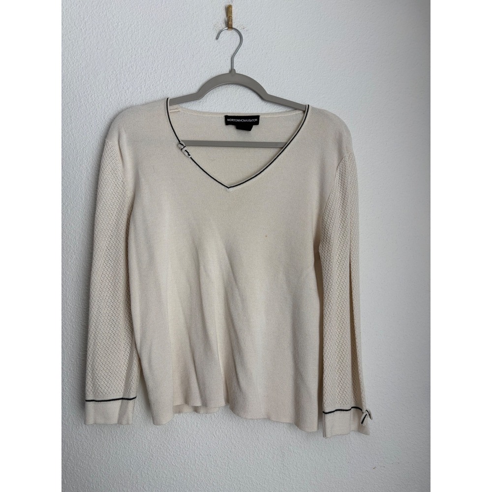 Norton McNaughton Cream V-Neck Sweater Pointelle‎ Sleeves Black Trim Womens Med